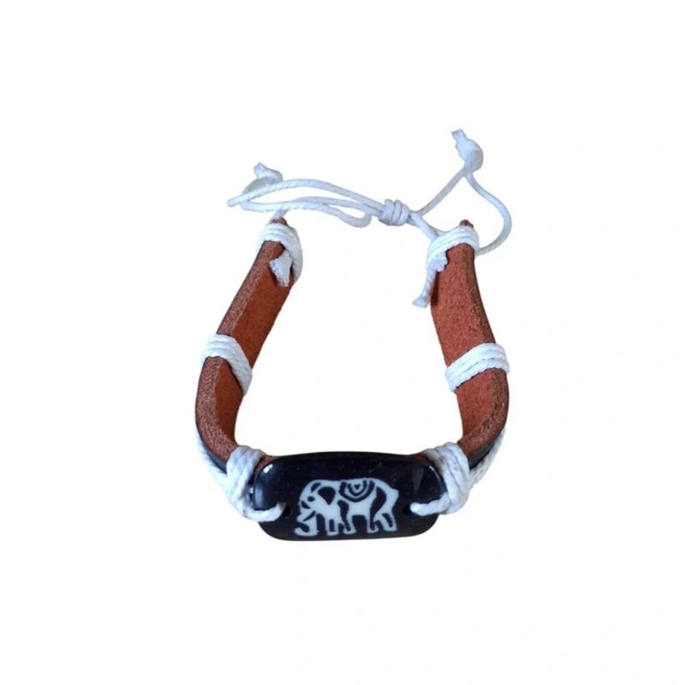 Handmade Adjustable Sliding Knot Black White Brown Leather Elephant Bracelet